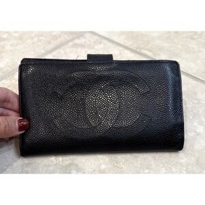 CHANEL Long Wallet Caviar Skin Coco Mark Leather Black Coco Logos Authentic **‎